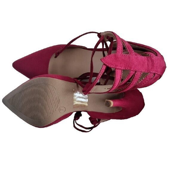 Red Suede Women 7 Tie Up Strap Sandals Heels Sexy Party Work Church Feminine Y2K - Picture 8 of 9